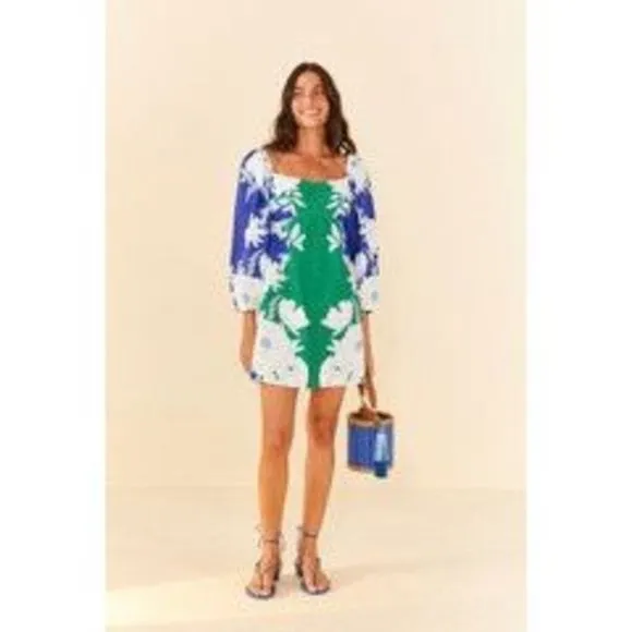 Farm Rio Soft Garden Puff-Sleeve Mini Dress