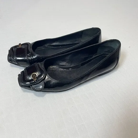 Fendi 90s Women's Logo Boat Patent Leather Peep Toe Flat Shoes Size 37/US 6.5