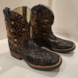 Ferrini Womens Floral Lace Gold Black  Cowboy Fun Unique Western Boots