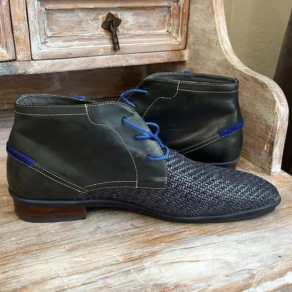 💙Floris van Bommel dark navy woven and leather lace-up boots size 9
