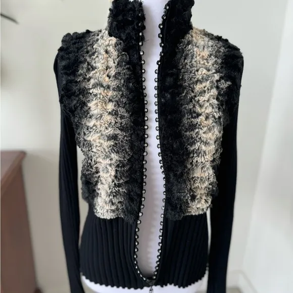 Fontana Faux Fur Black Knit Rhinestone Zipper Cardigan Sweater Small couture sm