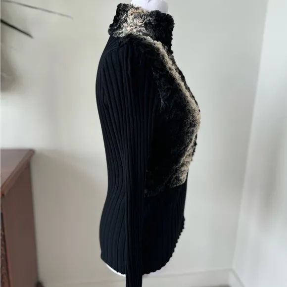 Fontana Faux Fur Black Knit Rhinestone Zipper Cardigan Sweater Small couture sm
