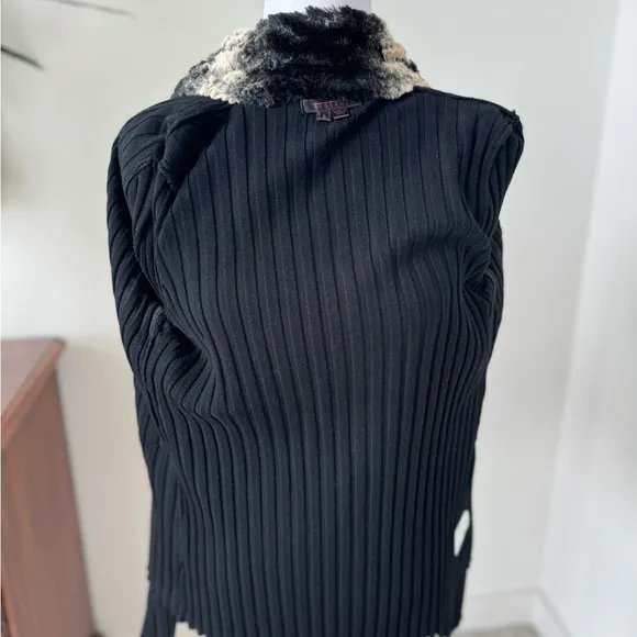 Fontana Faux Fur Black Knit Rhinestone Zipper Cardigan Sweater Small couture sm