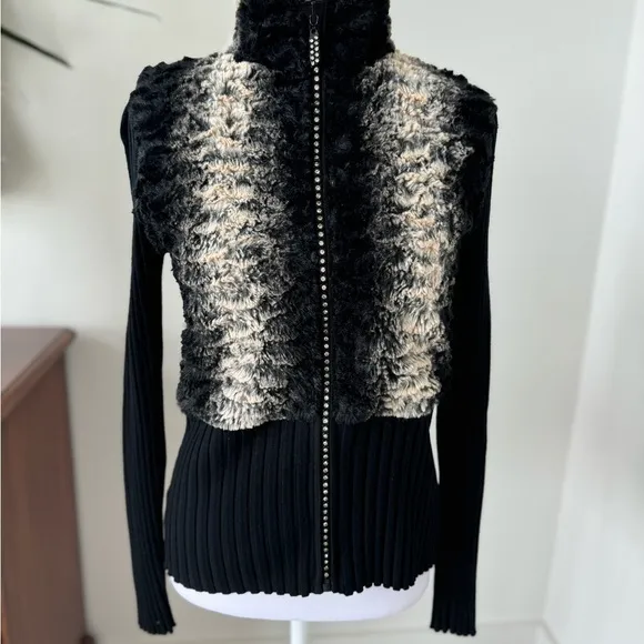 Fontana Faux Fur Black Knit Rhinestone Zipper Cardigan Sweater Small couture sm