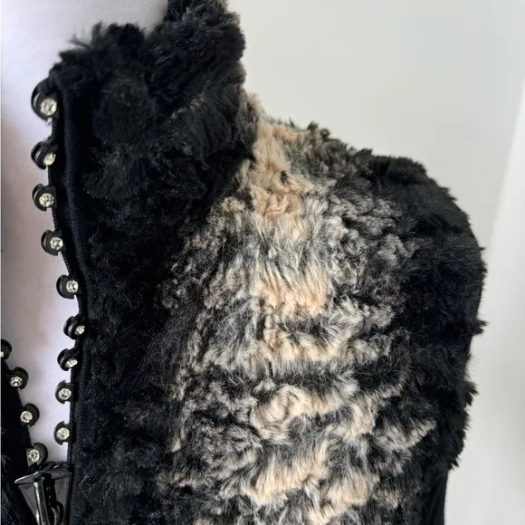 Fontana Faux Fur Black Knit Rhinestone Zipper Cardigan Sweater Small couture sm