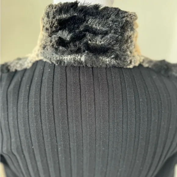 Fontana Faux Fur Black Knit Rhinestone Zipper Cardigan Sweater Small couture sm