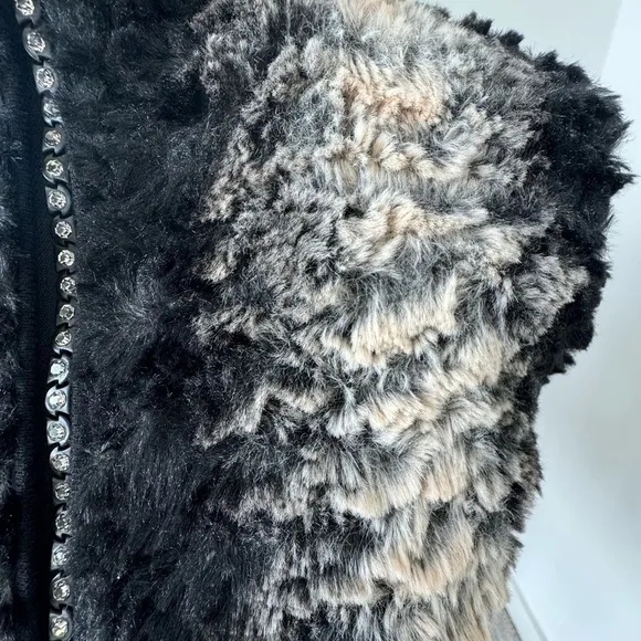 Fontana Faux Fur Black Knit Rhinestone Zipper Cardigan Sweater Small couture sm