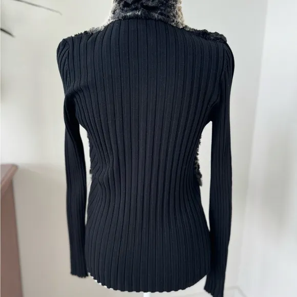 Fontana Faux Fur Black Knit Rhinestone Zipper Cardigan Sweater Small couture sm