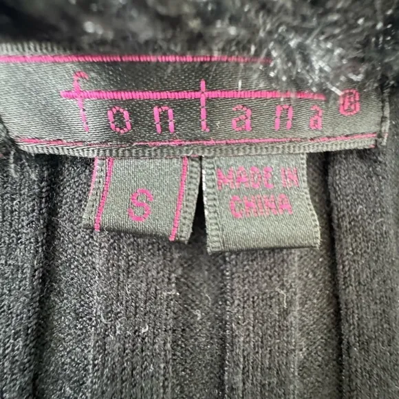 Fontana Faux Fur Black Knit Rhinestone Zipper Cardigan Sweater Small couture sm
