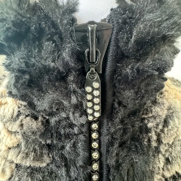 Fontana Faux Fur Black Knit Rhinestone Zipper Cardigan Sweater Small couture sm