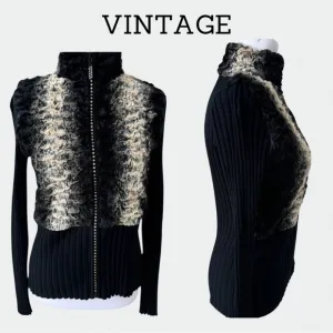 Fontana Faux Fur Black Knit Rhinestone Zipper Cardigan Sweater Small couture sm
