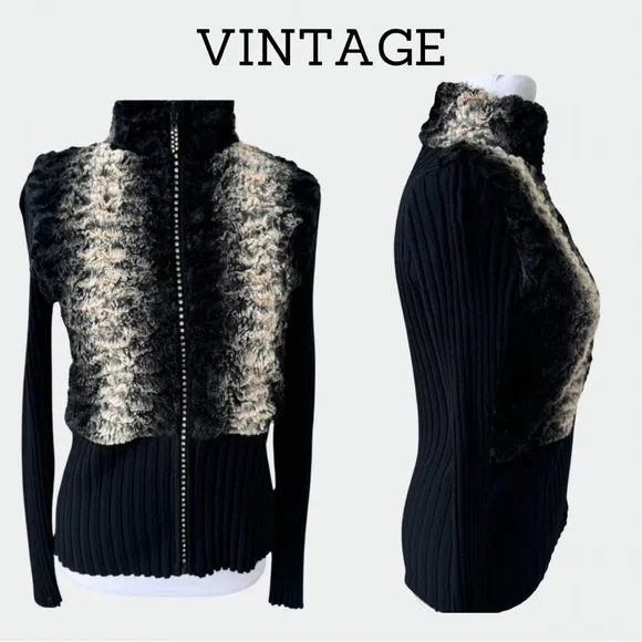 Fontana Faux Fur Black Knit Rhinestone Zipper Cardigan Sweater Small couture sm