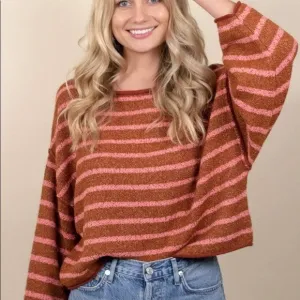 Free People Bardot Boho Top Blouse Sweater Cropped Orange Stripe XS
