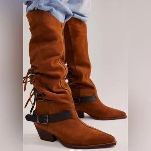 Free People Brown Over the Knee Boots with Black Buckle Straps (New without tags