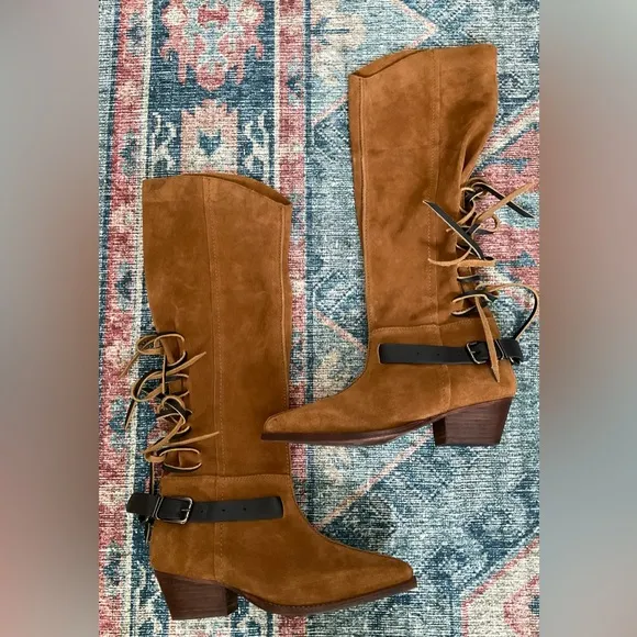 Free People Brown Over the Knee Boots with Black Buckle Straps (New without tags