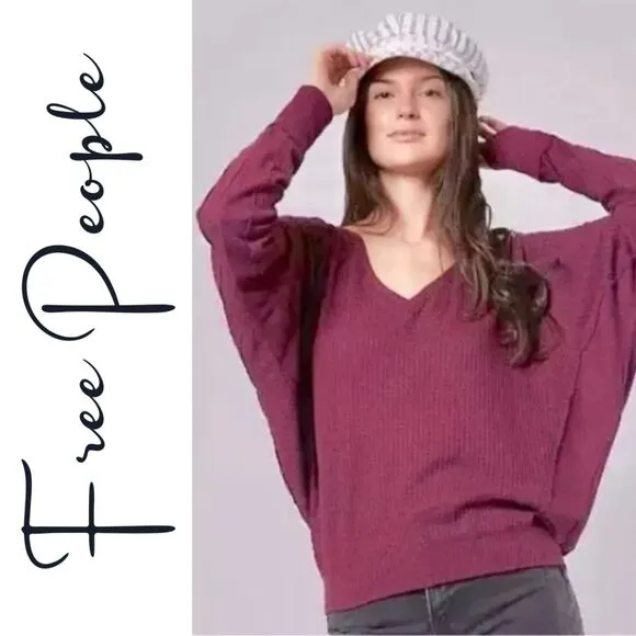 Free People NWT Santa Clara Dolman Plum Waffle Top Relaxed Purple