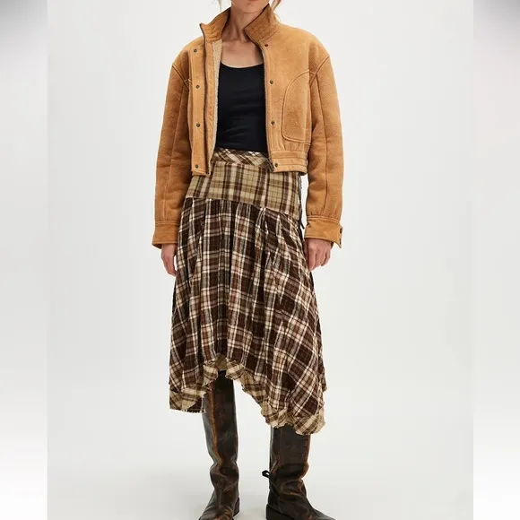 Free People NWT Whitestone Boho Plaid Midi Skirt size 6