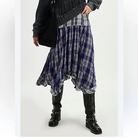 Free People NWT Whitestone Boho Plaid Midi Skirt size 6
