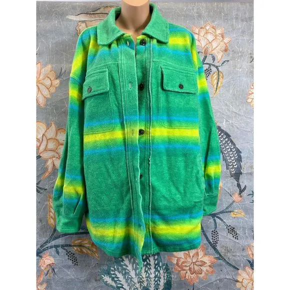 Free People Ruby West Coast Jacket Ombre Stripe Brushed Thermal Lime Green sz L