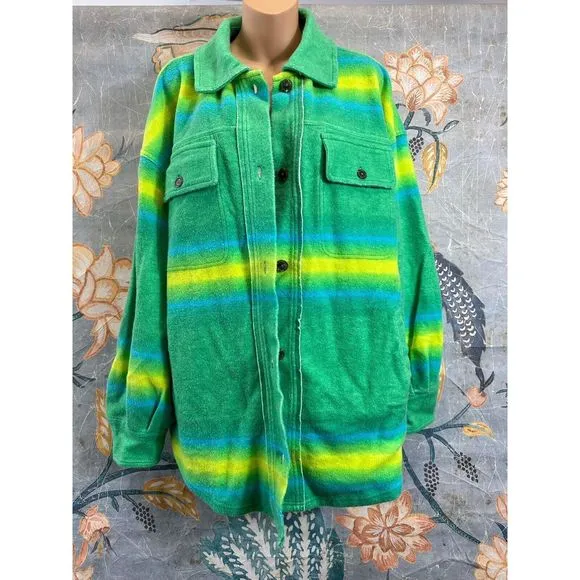Free People Ruby West Coast Jacket Ombre Stripe Brushed Thermal Lime Green sz L