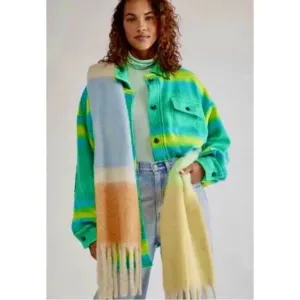 Free People Ruby West Coast Jacket Ombre Stripe Brushed Thermal Lime Green sz L