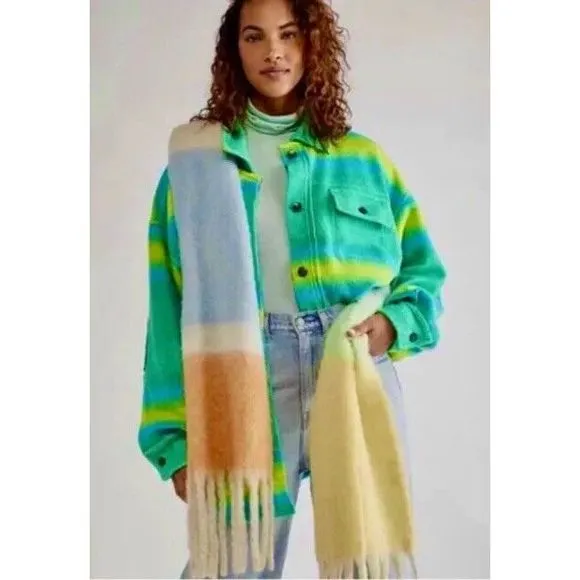 Free People Ruby West Coast Jacket Ombre Stripe Brushed Thermal Lime Green sz L