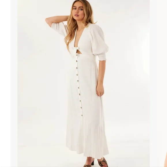 Free People String of Hearts Cut-Out Detail Shirred Maxi Dress in Bright…