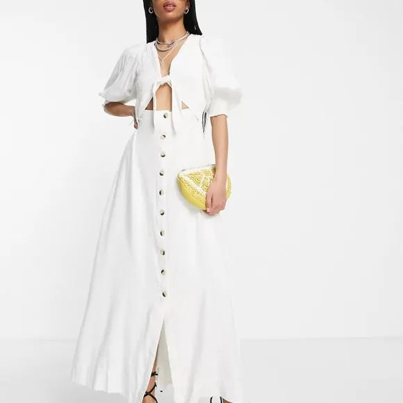 Free People String of Hearts Cut-Out Detail Shirred Maxi Dress in Bright…