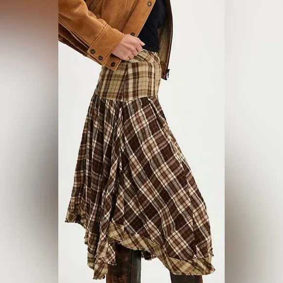 FREE PEOPLE Whitestone Plaid Midi Skirt - Brown Combo NWOT Size 8