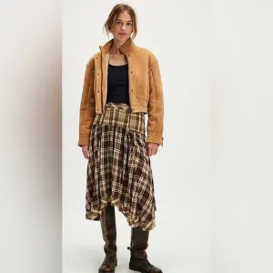 FREE PEOPLE Whitestone Plaid Midi Skirt - Brown Combo NWOT Size 8