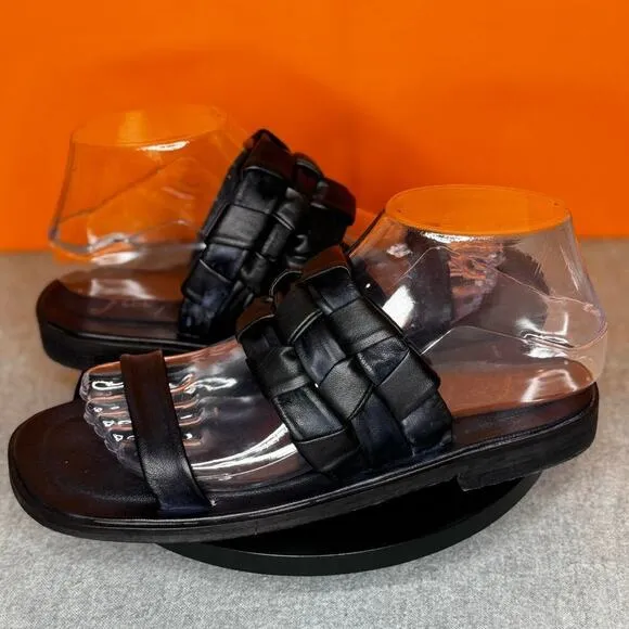 Free People Woven River Sandal Black Slide Leather Size 36 Size 6