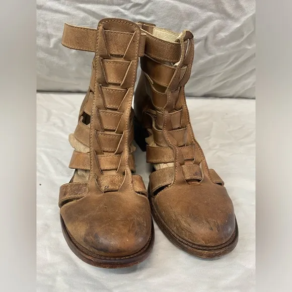 Freebird by Steven Stone Booties Women's 9 Brown/Tan Leather Distressed Strappy