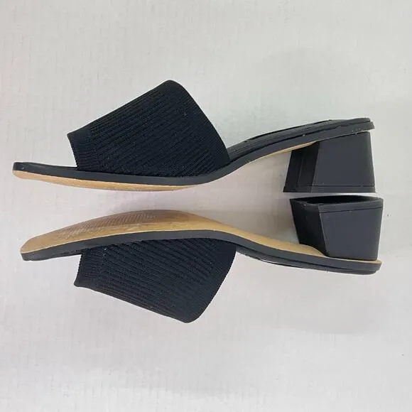 French Connection Sz 9 Black Sketch Flyknit Block Heel Open Toe Mule Slide Shoes