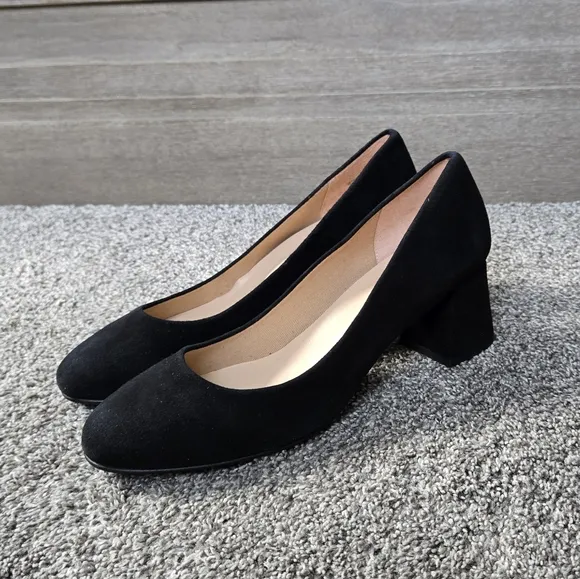 French Sole FSNY Trance Black Suede Block Heel Shoes NEW size 8.5