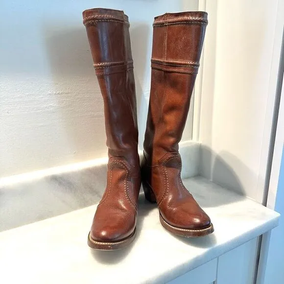 Frye Jane 14L Stitch Pebbled Full Grain Leather Cowboy Boots Redwood Size 6.5M
