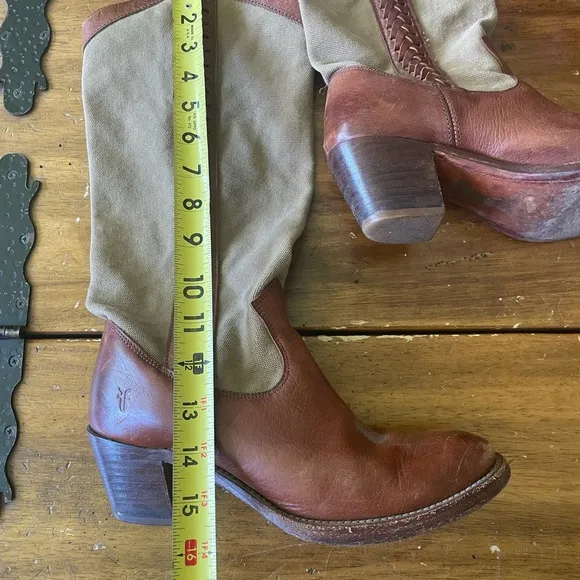FRYE Jane Braid Western Ivory Canvas Brown Leather Boots  Size 7 Festival Boho