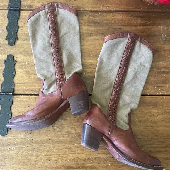 FRYE Jane Braid Western Ivory Canvas Brown Leather Boots  Size 7 Festival Boho
