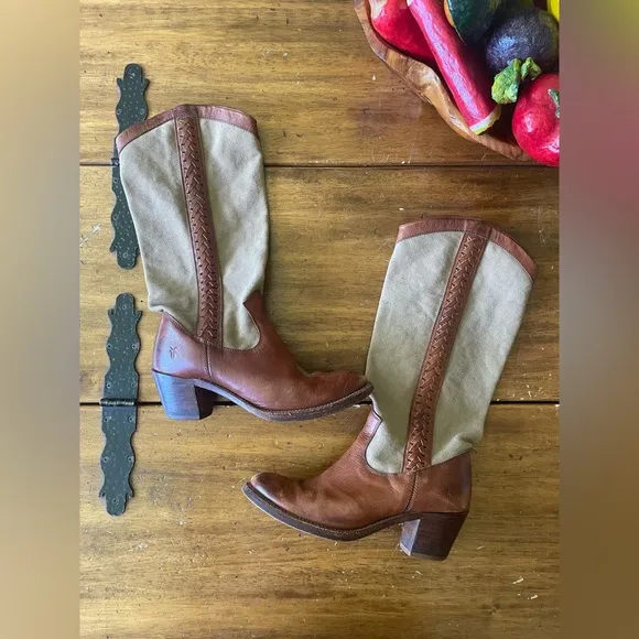 FRYE Jane Braid Western Ivory Canvas Brown Leather Boots  Size 7 Festival Boho