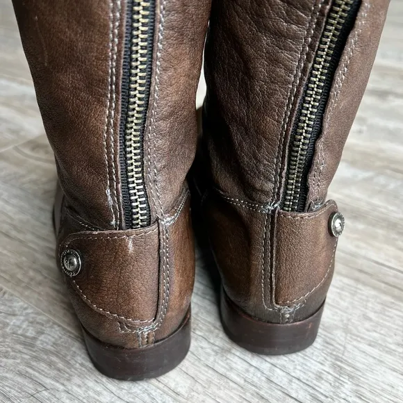FRYE Melissa Button Brown Leather Back-Zip Riding Boots