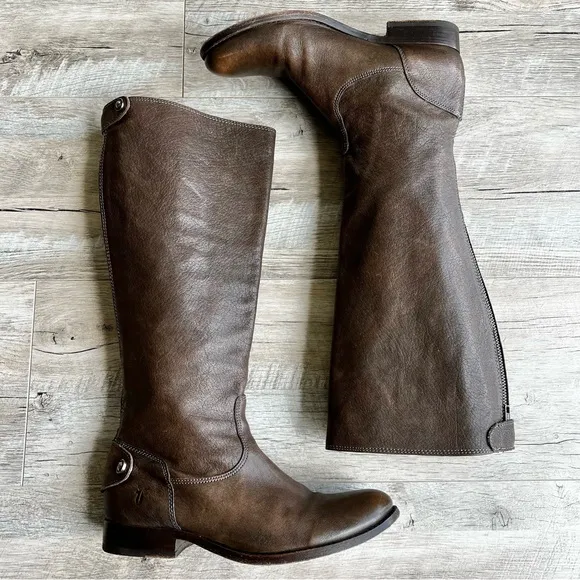 FRYE Melissa Button Brown Leather Back-Zip Riding Boots