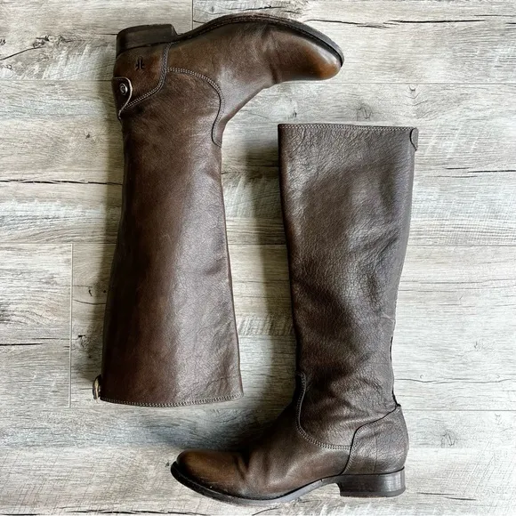 FRYE Melissa Button Brown Leather Back-Zip Riding Boots