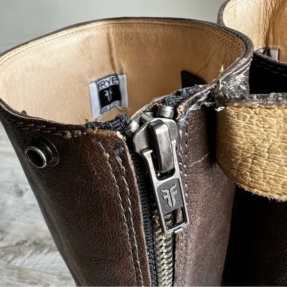 FRYE Melissa Button Brown Leather Back-Zip Riding Boots