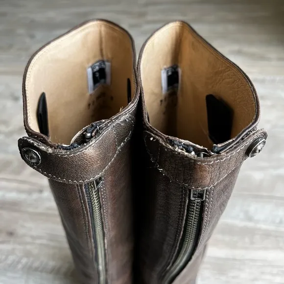 FRYE Melissa Button Brown Leather Back-Zip Riding Boots