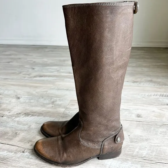 FRYE Melissa Button Brown Leather Back-Zip Riding Boots
