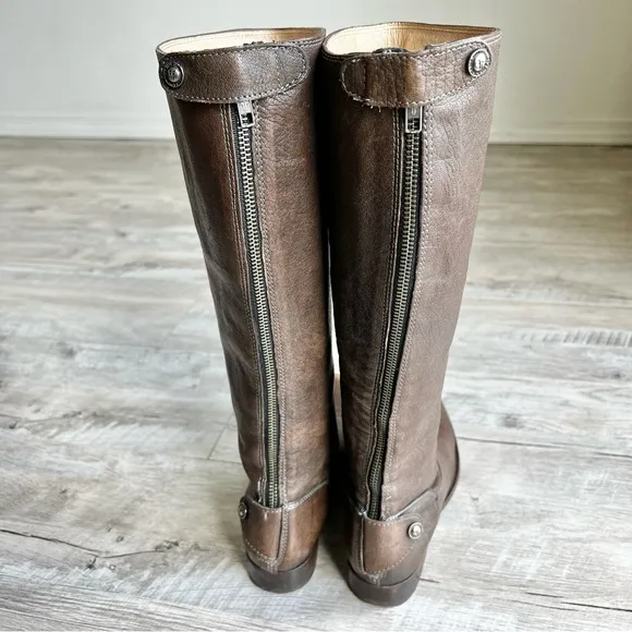 FRYE Melissa Button Brown Leather Back-Zip Riding Boots