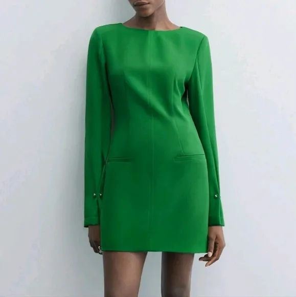 Green Boat Neck Shoulder Pad Embellished Long Sleeve Elegant Solid Dress