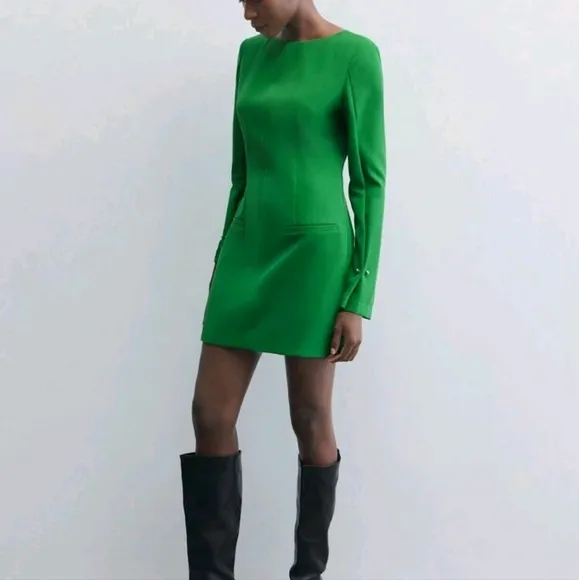 Green Boat Neck Shoulder Pad Embellished Long Sleeve Elegant Solid Dress