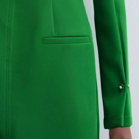 Green Boat Neck Shoulder Pad Embellished Long Sleeve Elegant Solid Dress