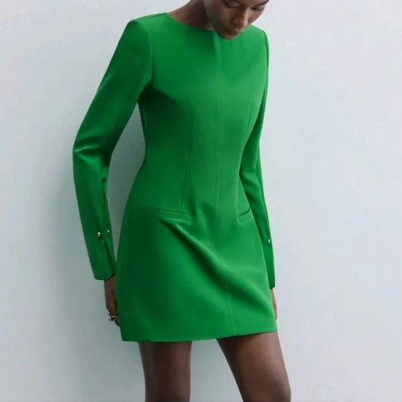 Green Boat Neck Shoulder Pad Embellished Long Sleeve Elegant Solid Dress
