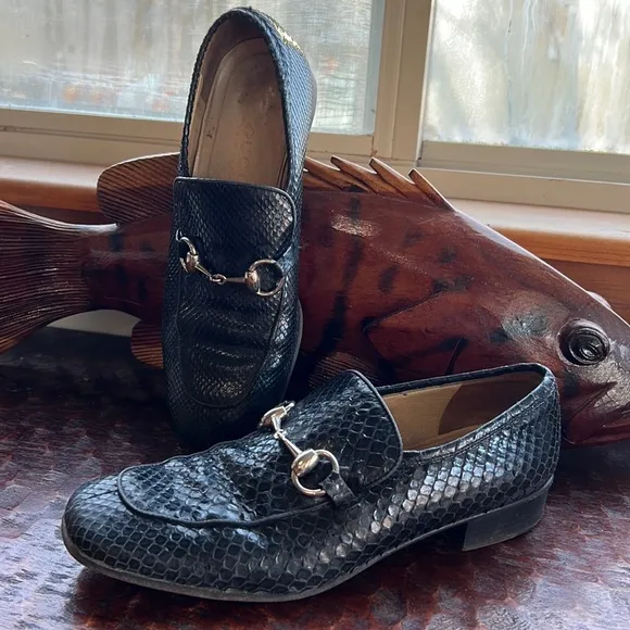 GUCCI BLACK PYTHON SNAKESKIN SILVER HORSE BIT BUCKLE CLASSIC LOAFERS 👞SIZE 7 1/2